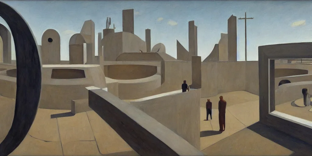 Image similar to first person view of a stark concrete maze, people peering into portholes, grant wood, pj crook, edward hopper, oil on canvas