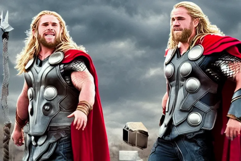 Prompt: Film still of Danny DeVito as Thor in the movie