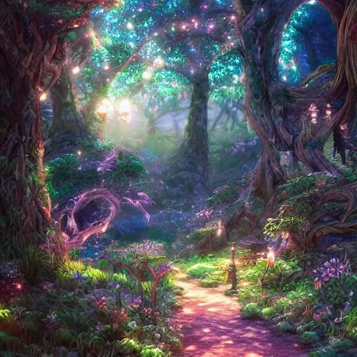 Image similar to the aesthetic view of the beautiful, grand, wistful, dreamy hidden forest at dusk, hyperrealistic anime illustration by iralki nadar, colorful, extremely detailed, intricate linework, super sharp focus, bright colors, octopath traveler, studio ghibli, unreal engine 5 highly rendered, global illumination, radiant light, detailed and intricate environment