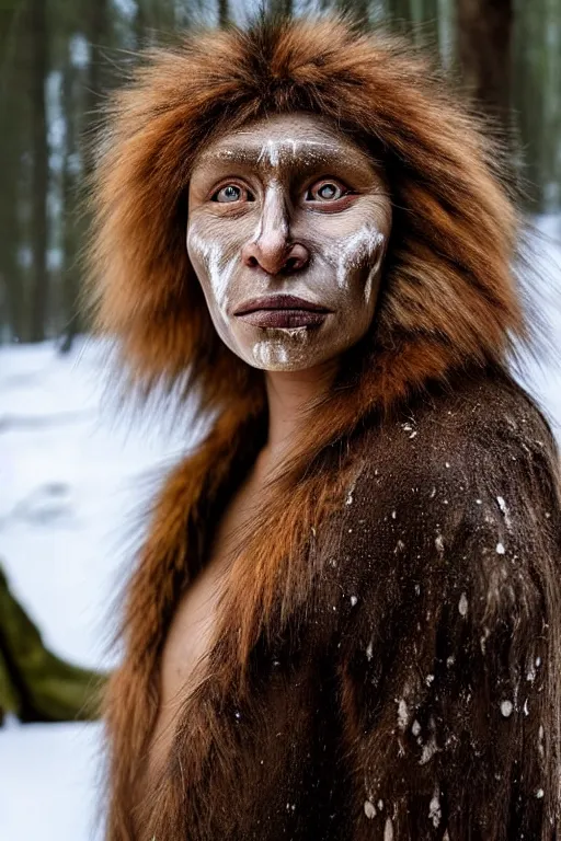 Image similar to a professional portrait photo of a neanderthal woman in the forest in winter, mud on face, black stripe painted side to side across her eyes, ginger hair and fur, extremely high fidelity, natural lighting, still from the movie clan of the cave bear