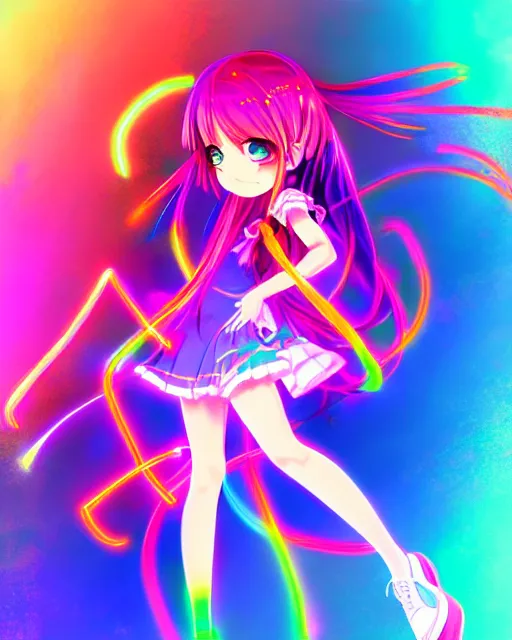 Image similar to anime style, vivid, expressive, full body, 4 k, painting, a cute magical girl idol with a long wavy colorful hair wearing a colorful dress, correct proportions, stunning, realistic light and shadow effects, neon lights, studio ghibly makoto shinkai yuji yamaguchi, wlop