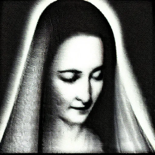 Image similar to vhs static overlay of marian apparition, vhs, 1 9 9 0, highly realistic, highly detailed, vhs noise static, black and white, vhs glitch