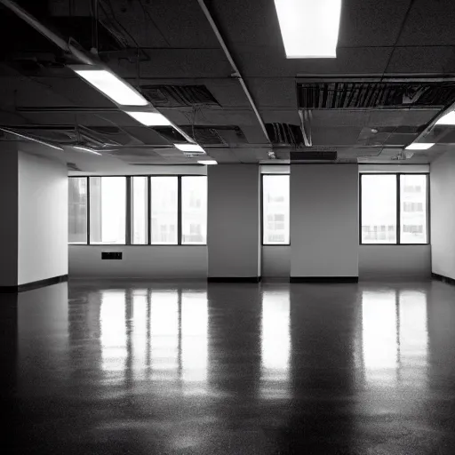 Prompt: an empty office space at night, eerie atmosphere