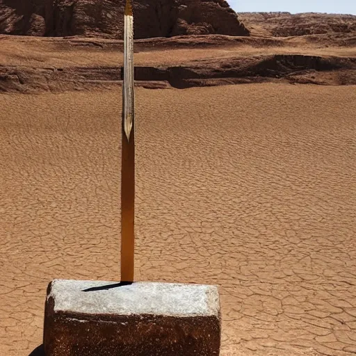 Image similar to A mythical sword floating above an obelisk in ancient ruins in the dessert