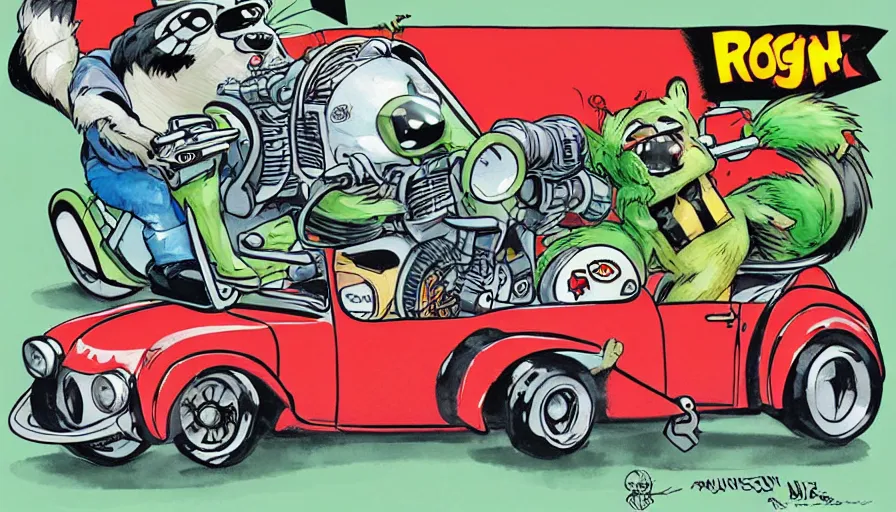 Image similar to funny, comic book style, racoon riding in a tiny hot rod coupe with oversized engine, ratfink style by ed roth, centered award winning watercolor pen illustration, by chihiro iwasaki, edited by range murata