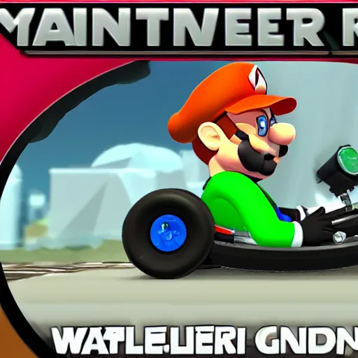 Image similar to Walter White in Mario Kart driving trailer car, game screenshot