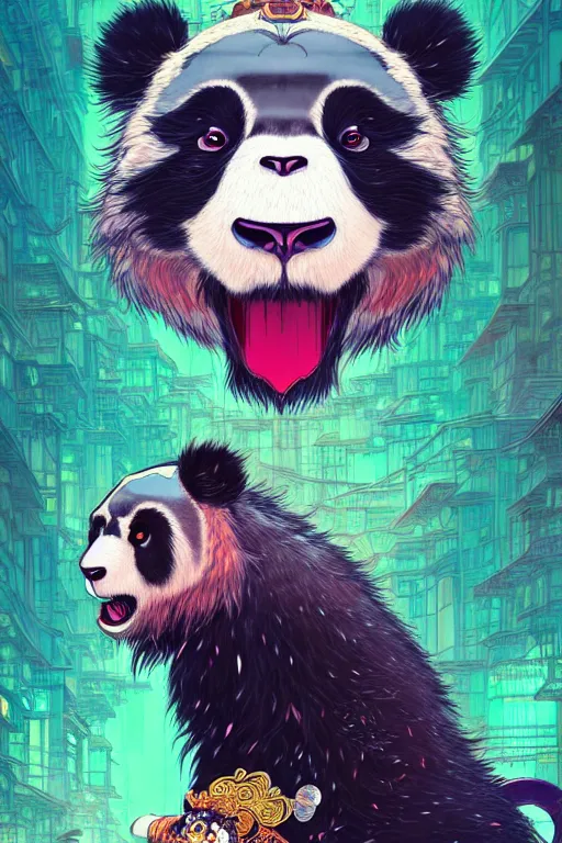 Image similar to a beautiful hyperdetailed character design 4 k wallpaper illustration of a cute panda with a chinese lion dance head victo ngai cyberpunk style, from china, style of studio ghibli, makoto shinkai, raphael lacoste, louis comfort tiffany, artgerm, james jean, ross tran, chinese style