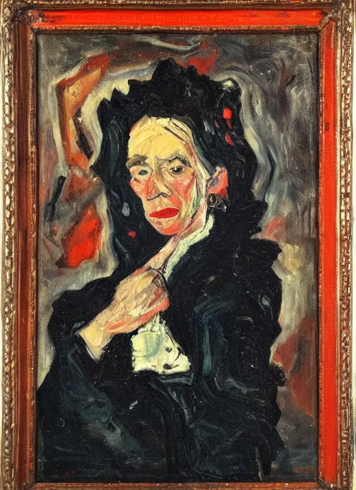 Image similar to an oil portrait of crooked meaty woman in a black fury coat and red dress, dark rich background, a sophisticated composition, in expressive style of Chaim Soutine and Frank Auerbach and Van Gogh, complimentary palette