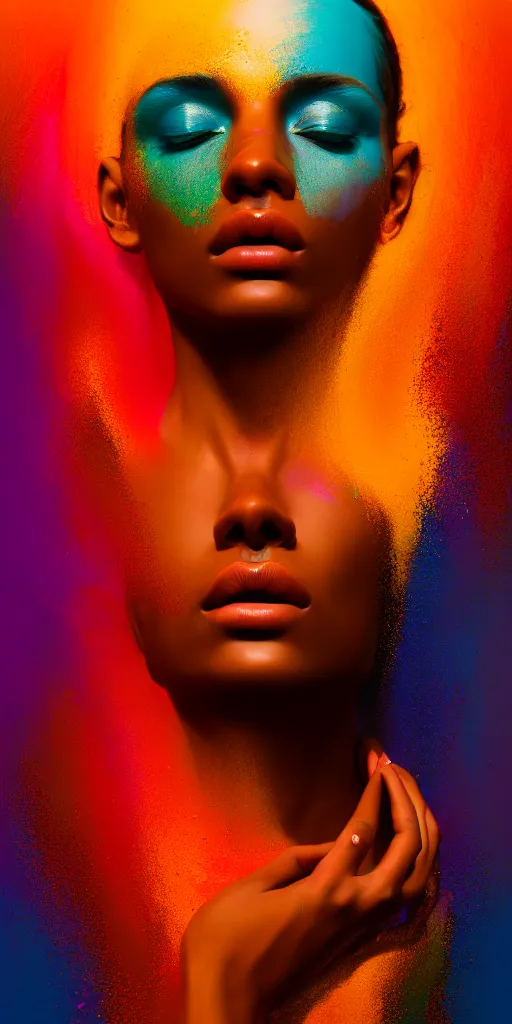 Image similar to portrait of very beautiful woman, face emerging from pool of colorful oils, brown skin, realism, extreme detail, real life, key art, soft light, volumetric light, 3 - d shadows, photo by james jean and wlop, photoshoot