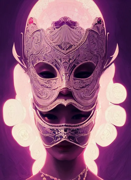 Beautiful dark model woman wearing a pink venetian masquerade mask with  black background makes eye contact. Cosplay, Venetian mask. Mardi Gras Mask,  AI generative Stock Illustration