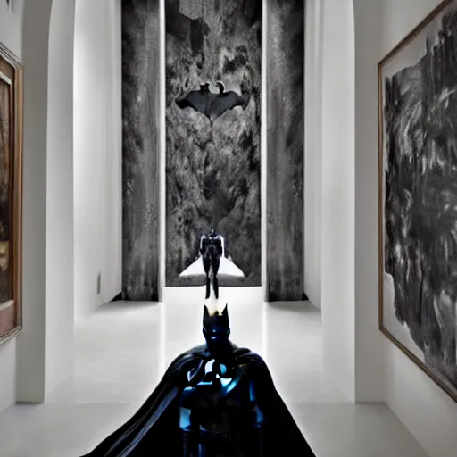 Image similar to Batman standing in giant Italian modern castle living room, clean minimalist design, that is 1300 feet tall, with very tall giant walls filled with modern art paintings, doors that are cosmic portals, photo by Annie Leibovitz