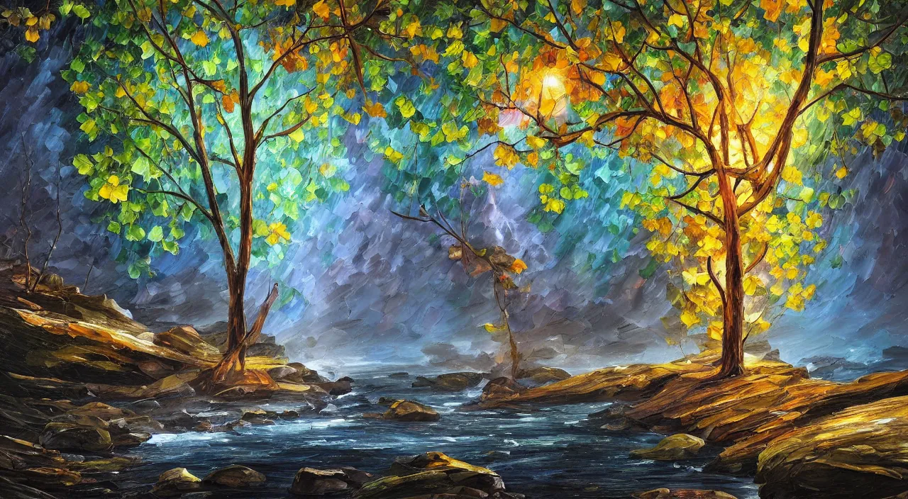 Image similar to A beautiful, highly detailed, very realistic oil painting of a single tree with rainbow leaves, next to a small river, glowing bright blue in the middle of a huge, very dark cave, with lots of dark grey rocks, oil painting by Afremov and Greg Rutkowski.