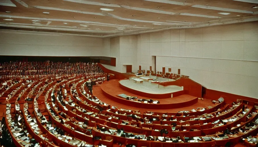 Image similar to 60s movie still of empty soviet congress with one man standing, cinestill 800t 50mm eastmancolor, liminal Space style, heavy grain-s 150