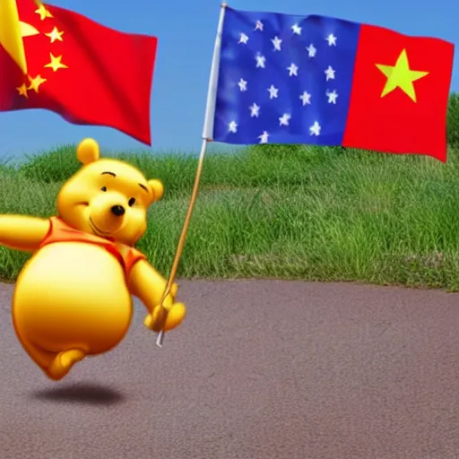 Prompt: photorealistic 3 d render of winnie the pooh saluting the chinese flag