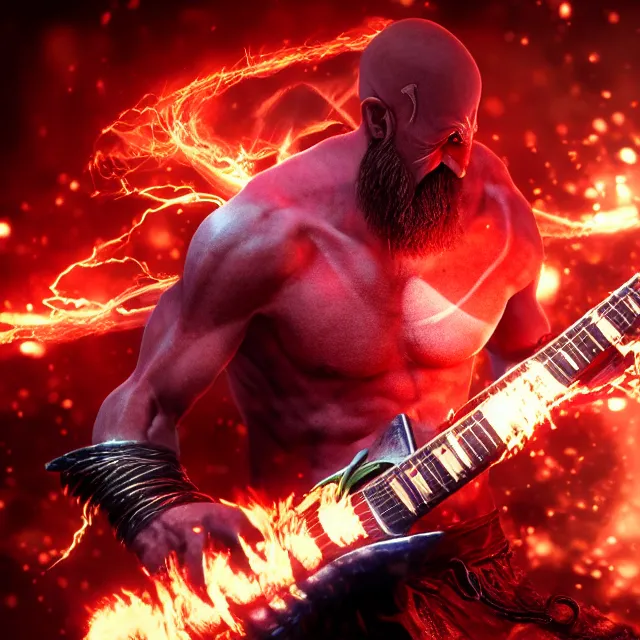 Prompt: glowing demon eyes kratos shredding on a flaming stratocaster guitar, cinematic render, god of war 2 0 1 8, santa monica studio official media, flaming eyes, lightning