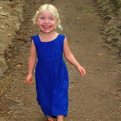 Image similar to a little peasant girl, blue dress, blond hair, bare feet, smiling