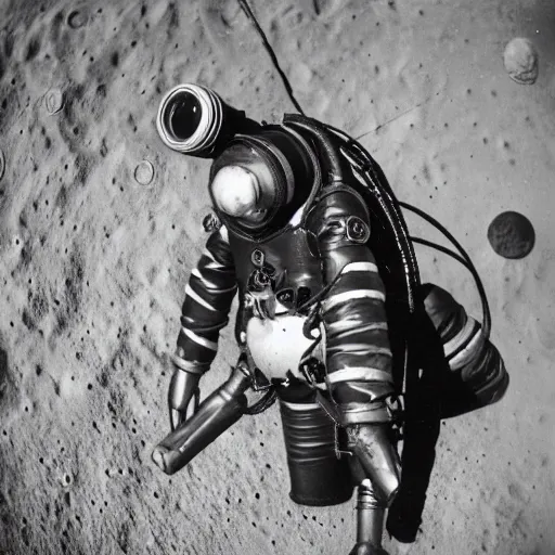 Image similar to detailed photo of an early diving suit with diver holding an electric guitar on the moon. old diving suit pictures. old diving suit. early diving suit. old diving suit photos. detailed