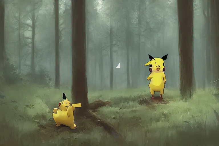 Image similar to Pikachu in the forest, horror, illustrated by Greg Rutkowski and Caspar David Friedrich, Trending on artstation, artstationHD, artstationHQ