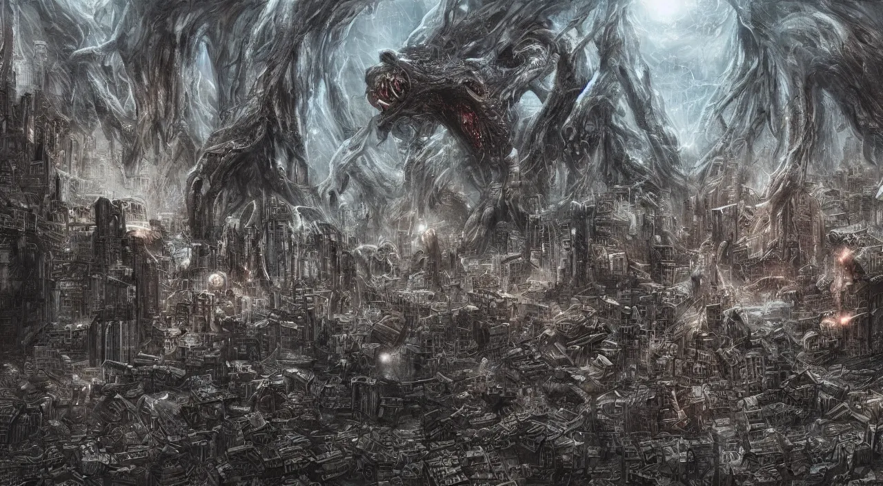 Prompt: a cosmic horror monster devouring an entire city, large scale, eerie, mixed media, digital art, trending on artstation, 8k, epic composition, highly detailed, AAA graphics