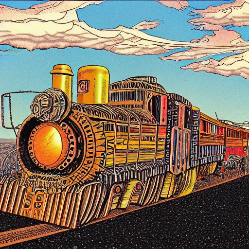 Prompt: weird west steampunk steam engine train railway into the sunset, illustration by moebius jean giraud