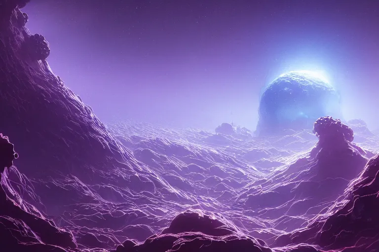 Prompt: A telescope image of an Eldritch Organic Planet of The Void made of eyeballs and tentacles, Purple and Blue colored, 4k, masterpiece, cinematic, glowing, by Greg Rutkowski, Trending on Artstation, Behance. Polished, Planetary, Volumetric Lighting