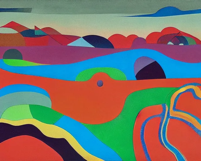 Prompt: A wild, insane, modernist landscape painting. Wild energy patterns rippling in all directions. Curves, organic, zig-zags. Saturated color. Mountains. Clouds. Rushing water. Waves. Sci-fi dream world. Wayne Thiebaud. Lisa Yuskavage landscape. Paul Klee.