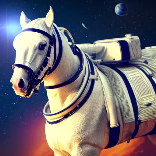 Prompt: horse wearing a space suit with helmet, floating in outer space, high tech saddle, fishbowl helmet, highly detailed, stars in the background, nasa picture, 4 k, octane render, highly realistic photograph, full body shot