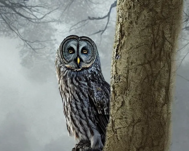 Image similar to an 5 5 - year old man sees a great grey owl in a tree in front of him, concept art from the short story'mouth and mind'set in chatham, ontario, realistic modern supernatural horror thriller aesthetic, hd 4 k 8 k digital matte painting, by david mattingly and michael whelan. layout in the style of christopher mckenna and gregory crewdson
