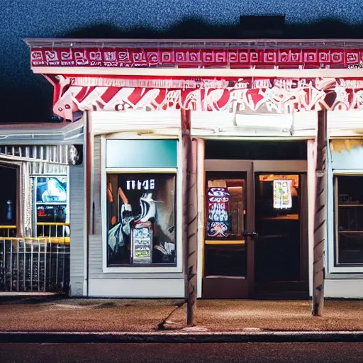 Prompt: photo of a haunted convenience store at night