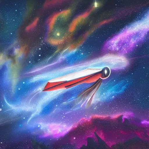 Prompt: a concept art painting of a space van flying in front of a nebula