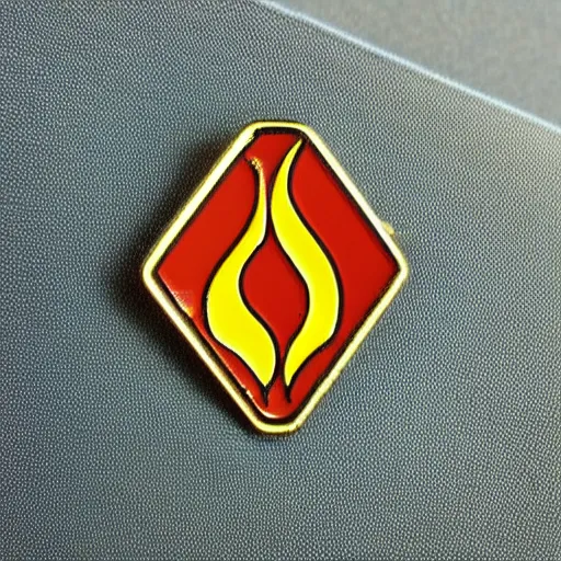 Prompt: a rhombus enamel pin of a retro fire flames warning label, smooth curves