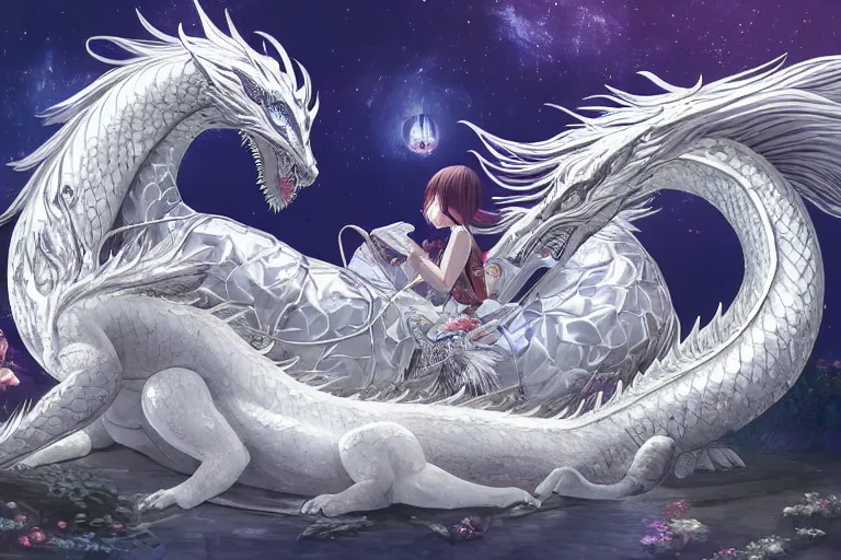 Image similar to a hyper detailed big render of princess lie on the ground be surrounded snuggle by a huge silver white dragon, in the white clouds fairyland center, finely detailed angelic face, style of studio ghibli, makoto shinkai, xision, ilya kuvshinov and artgerm, kazuki tanahashi, james jean, animation, golden curve composition, telephoto lens