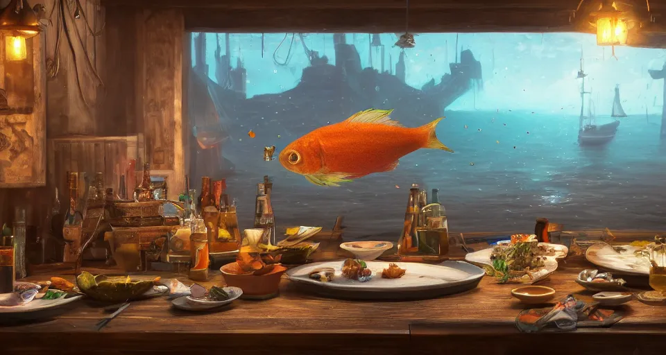 Prompt: a beautiful painting of a fish at a tavern, gigantic, octane render, brilliantly coloured, intricate, ultra wide angle, trending on artstation, dusk, volumetric lighting, polished, micro details, ray tracing, 8k