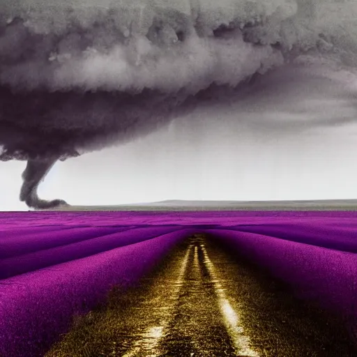 Image similar to a tornado in the distant landscape purple, hdr, artstation, shuttershock, 4 dimensions