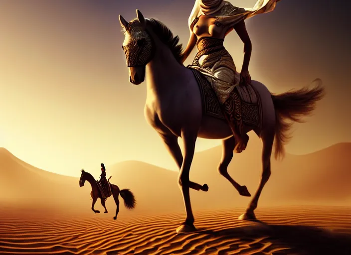 Image similar to arabian knight on arabian horse in the desert, sand environment, illustration, symmetrical, smoky, unreal engine, colors, epic scene, fantasy art by greg rutkowski,, golden raito, high quality, intricate details, details, intricate, atmosphere, highly detailed, matte painting, cinematic, deviantart, realistic, concept art, 4 k