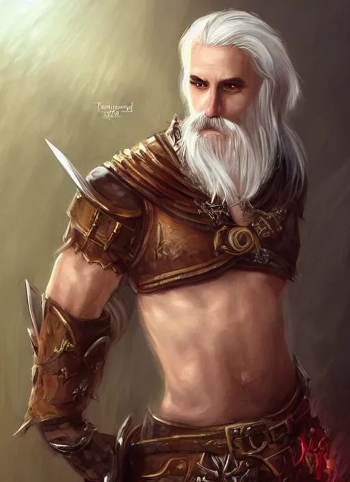 Image similar to tristan fulcher livedoce young man with short white fringe white hair and moustache, dndbeyond, bright, colourful, realistic, dnd character portrait, full body, pathfinder, pinterest, art by ralph horsley, dnd, rpg, lotr game design fanart by concept art, behance hd, artstation, deviantart, hdr render in unreal engine 5