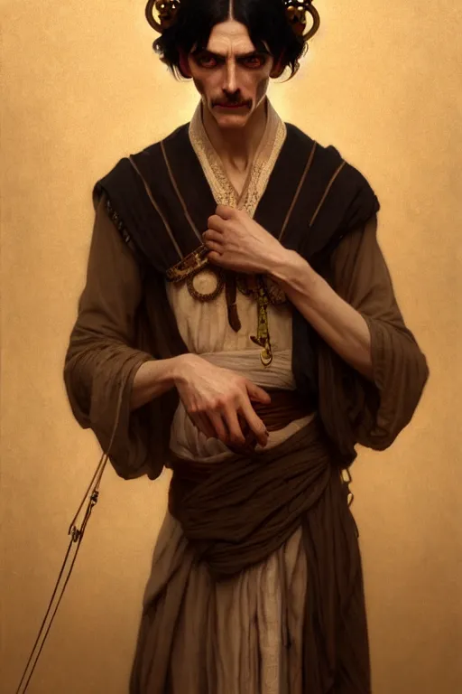 Image similar to ultra realistic, thin man in peasant clothes, black hair, brown eyes, occult jewelry, fantasy, intricate details, eerie, highly detailed, octane render, 8 k, art by artgerm and alphonse mucha and greg rutkowski