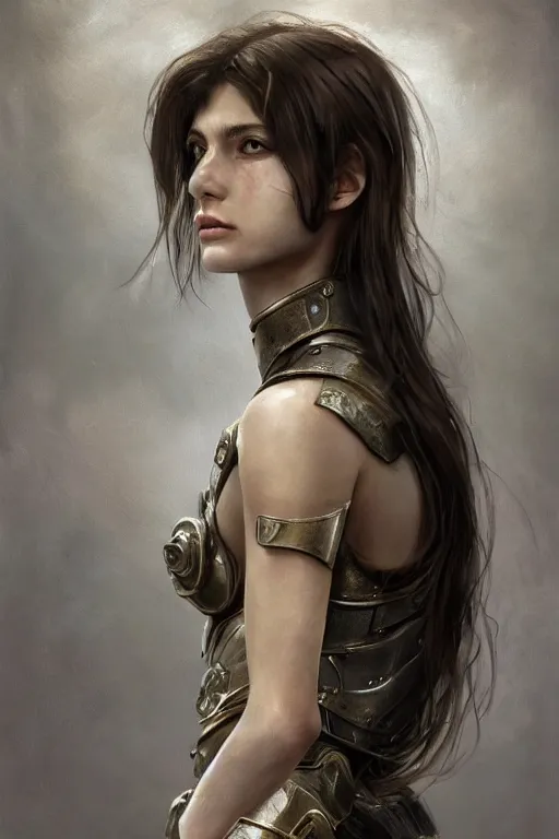 Image similar to a photorealistic painting of an attractive young girl, partially clothed in metal-plated battle armor, olive skin, long dark hair, beautiful bone structure, symmetrical face, perfect eyes, intricate, elegant, digital painting, concept art, illustration, sharp focus, minimal artifacts, from Metal Gear, in the style of Ruan Jia and Mandy Jurgens, by Greg Rutkowski, trending on Artstation, award winning