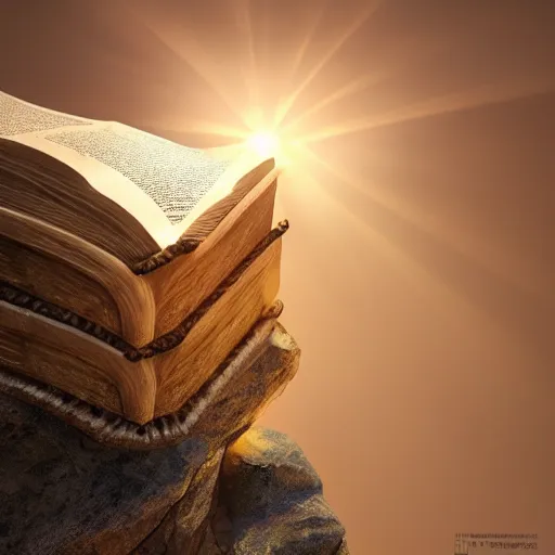 Image similar to photorealistic Bible, on a rock, heavenly light shining onto it, golden light, aura, cgsociety, artstationhq, digital art, detailed