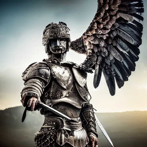 Prompt: warrior with metal eagle, armour 4k, HDR, smooth, sharp focus, hyper realistic, high resolution