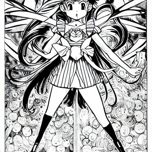 Image similar to sailor moon, highly detailed, illustrated by akira toriyama, manga, black and white illustration