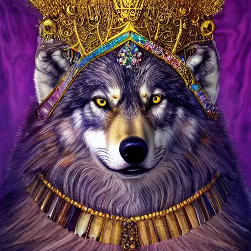 Prompt: an majestic portrait of a wolf wearing a crown, on a throne of crystals, titian, sam spratt, maxfield parrish, gustav klimt, tom bagshaw, mark ryden, alphonse mucha, high detail, 8 k, intricate ornamental details, vibrant iridescent colors, green magenta and gold