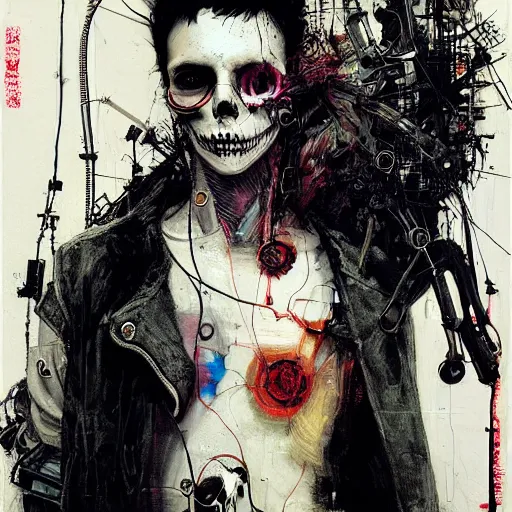 Image similar to a male cyberpunk noir detective, skulls, wires cybernetic implants, machine noir grimcore, in the style of adrian ghenie esao andrews jenny saville surrealism dark art by james jean takato yamamoto and by ashley wood and mike mignola