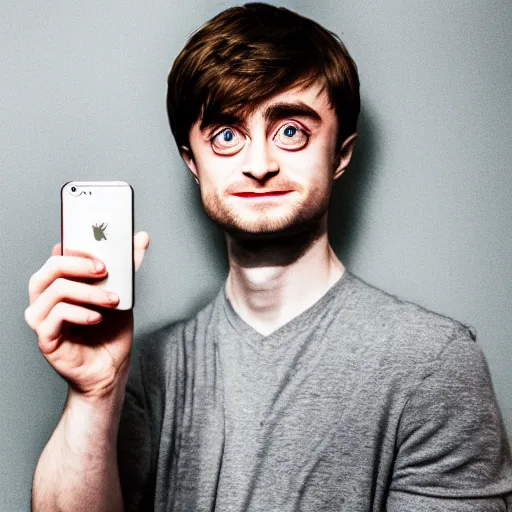 Prompt: photograph of daniel radcliffe as harry potter holding an iphone, canon mark ii, f / 1. 2, 8 k