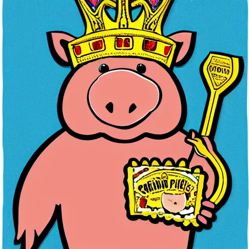 Image similar to pig in gold crown surrounded by pork rinds, pop-art