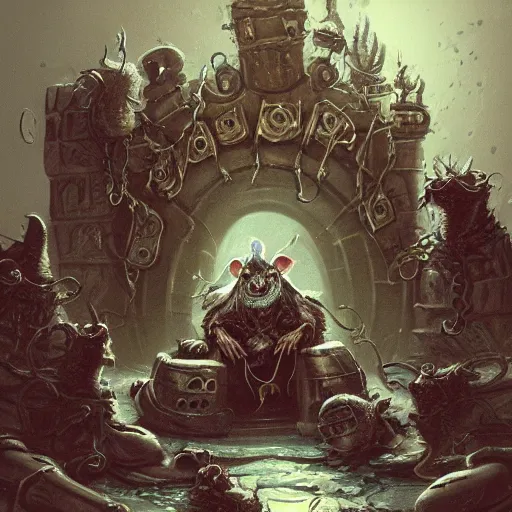 Image similar to murky sewer scene with an evil rat king sitting on a throne and grinning, surrounded by other rats. trending on artstation, fantasy illustration, rat people, extremely detailed