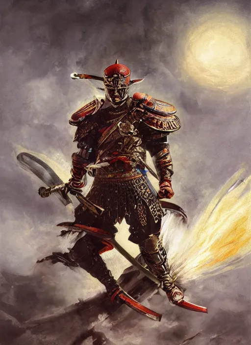 Image similar to A full portrait oil painting of a godlike and psychedelic helmeted and masked Samurai holding a katana above his head an running into battle, japanese god of war armor, by Frank Frazetta, Greg Rutkowski, Boris Vallejo, epic fantasy character art, Exquisite detail, post-processing, low angle, masterpiece, cinematic, lightning