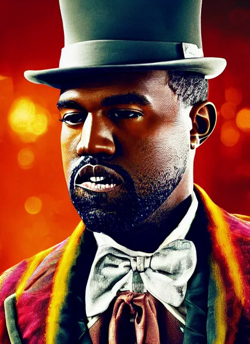 Image similar to portrait kanye west as willy wonka in django unchained, splash art, movie still, cinematic lighting, long lens, shallow depth of field, bokeh, anamorphic lens flare, 8 k, hyper detailed, 3 5 mm film grain