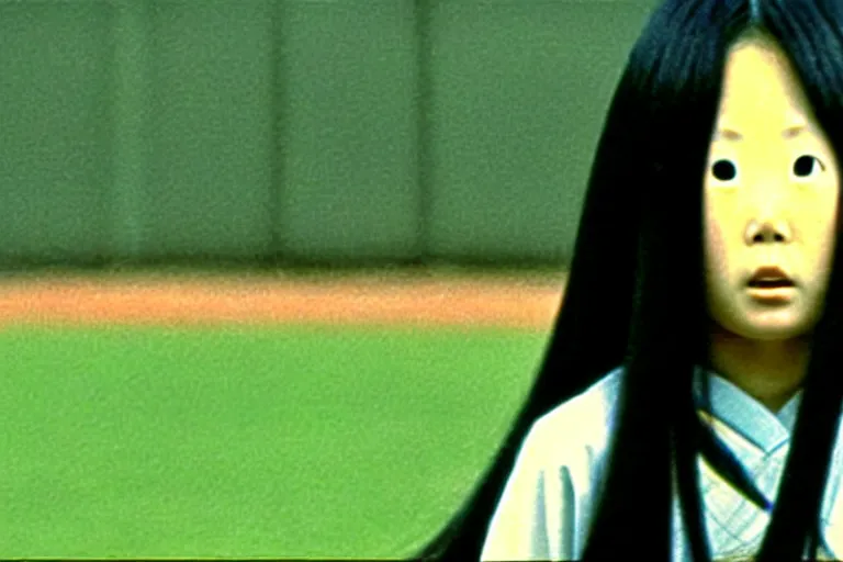 Prompt: a still photo of sadako from the ring movie playing baseball colored