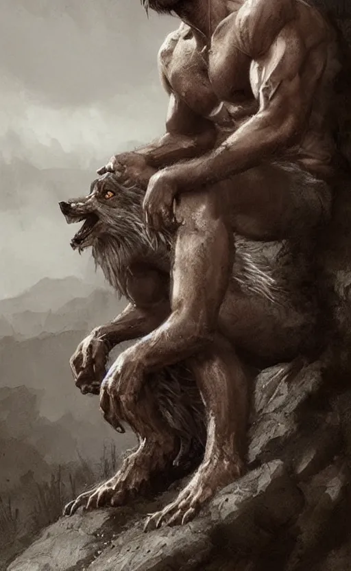 Image similar to Portrait of a rugged werewolf sitting down, male, muscular, detailed face, bare thighs!!!, simple clothing!!!!!, fantasy, medieval, highly detailed, cinematic lighting, digital art painting by greg rutkowski